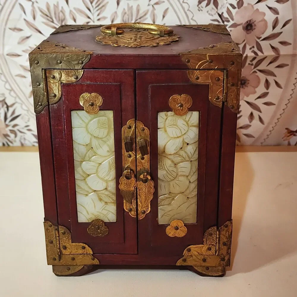 Vintage Chinese Musical Jewelry Box Brass Inlay 3 Drawer Wood Cabinet Memories
